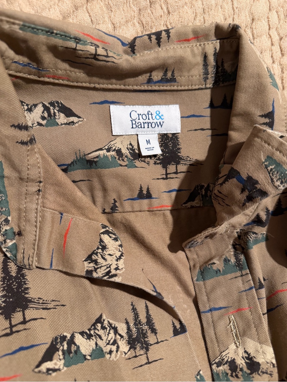 croft & barrow tan shirt with green and navy mountain print